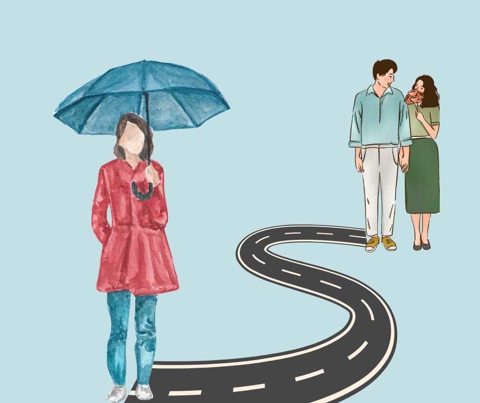 A woman holding an umbrella and her cheating husband in the background with his mistress.