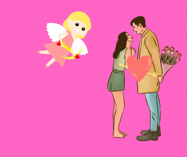 Image graphics of Cupid aiming her arrow at a couple.